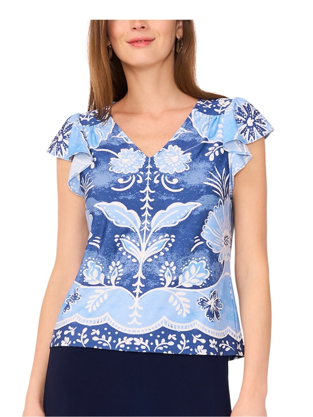 Vince Camuto Blue Floral V-Neck Flutter Sleeve Blouse